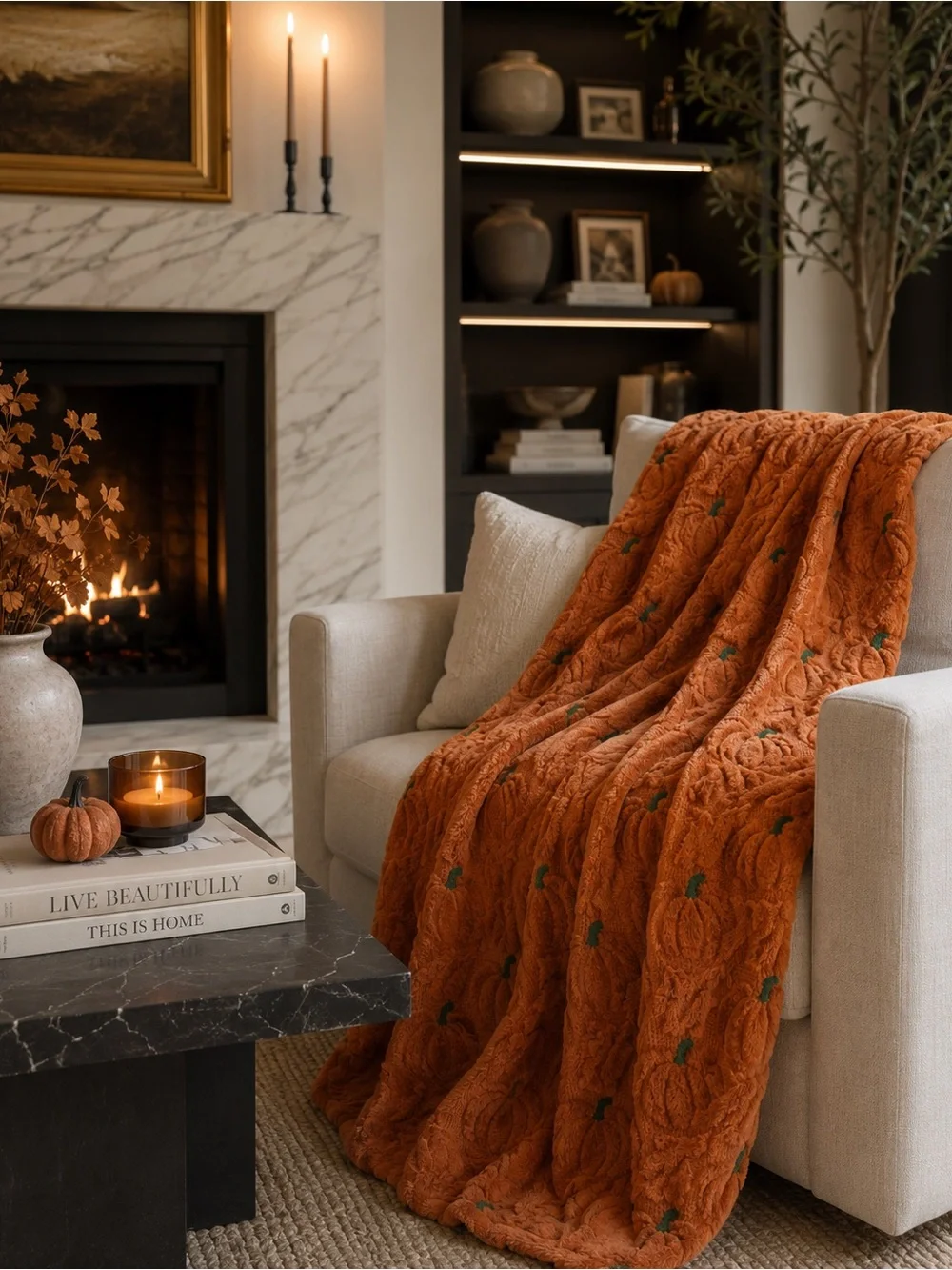 Viral Costco Pumpkin Embroidered Faux Fur Throw Blanket 60x70 Fall Halloween